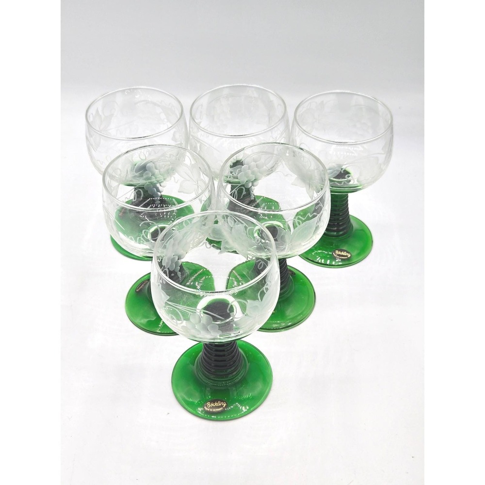 Vintage Bockling Germany Wine Glasses Green Stem Etched Grape Vine Design (6)